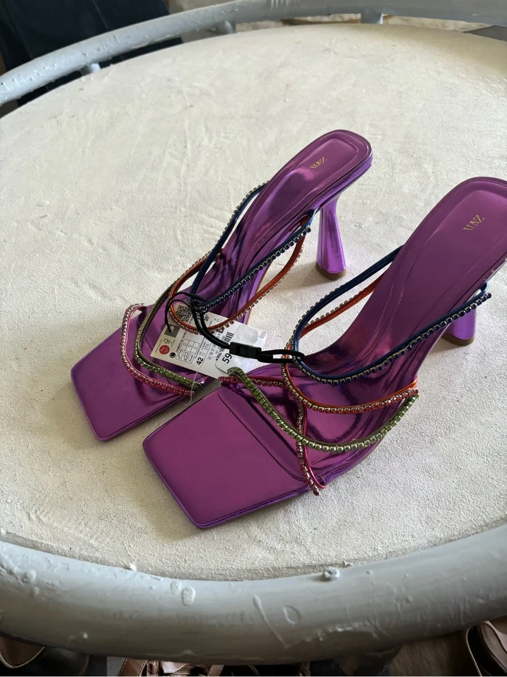 Zara Metallic Purple Square-Toe Heeled Sandals with Rhinestone Straps - Picture 4 of 4